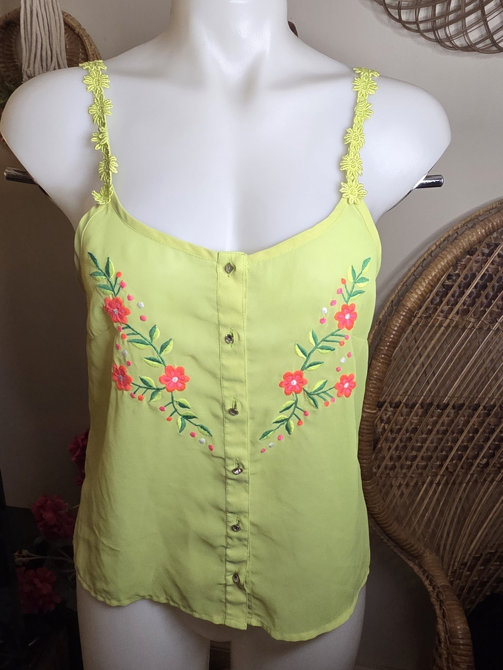 Floral Embroidered Chartreuse Spaghetti Strap Tank Top